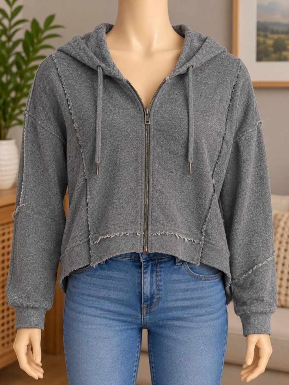 Splendid Zip Up Hoodie Jacket S Heather Gray Cropped Raw Edge NWT 128